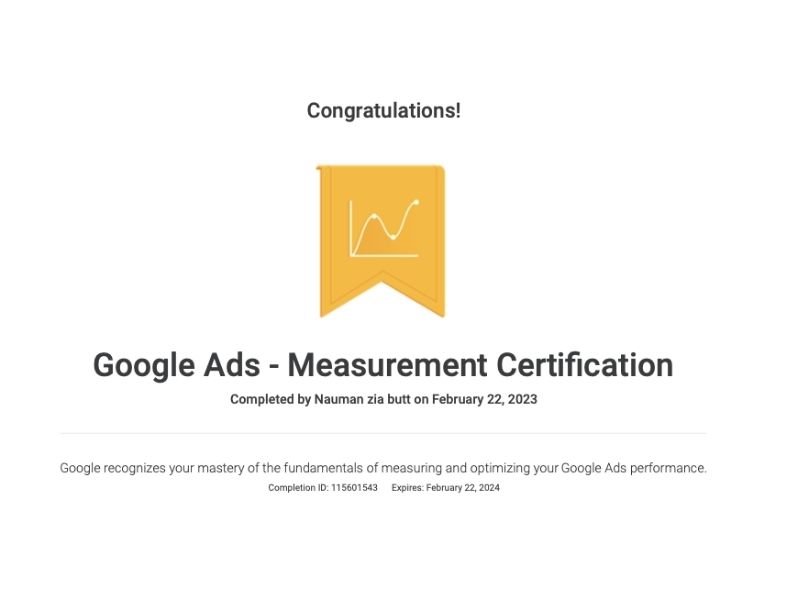 Nauman zia butt - Google ads Measurement Certification